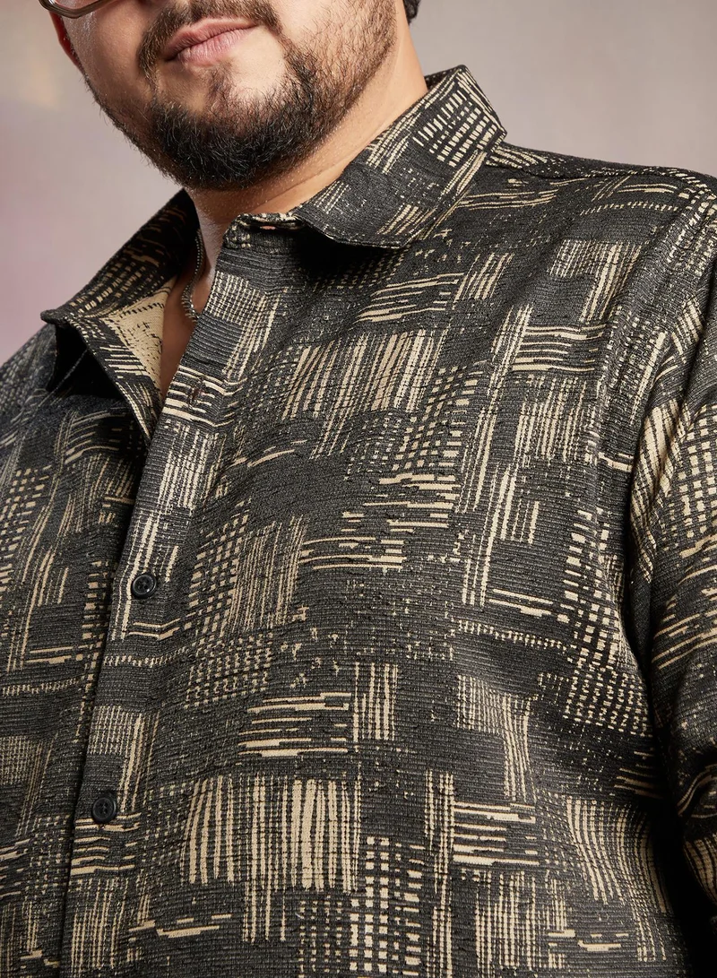 Instafab Plus  Instafab Plus Men's Black & Beige Threadline -Weave Shirt For Casual Wear | Spread Collar | Long Cuffed Sleeves | Button Closure | Plus Size Shirt Crafted With Comfort Fit For Everyday Wear for Men | Best Price UAE