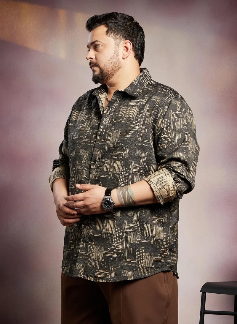 Instafab Plus  Instafab Plus Men's Black & Beige Threadline -Weave Shirt For Casual Wear | Spread Collar | Long Cuffed Sleeves | Button Closure | Plus Size Shirt Crafted With Comfort Fit For Everyday Wear for Men | Best Price UAE