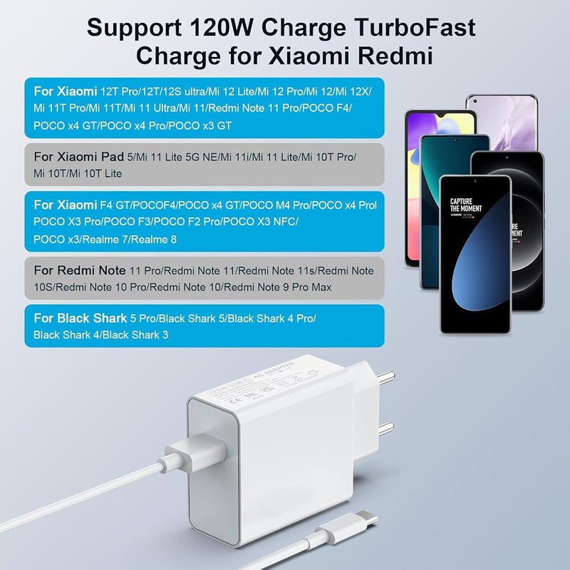 shefor 120W Charger for 14 13 12 13t 12t 12s Pro Lite Note K70 K60 K50 12 11 Pro Plus Black Shark 3 4 5 F4 Gt Mi Turbo 3.3 Foot 6A USB Type-C Cable - Image 5