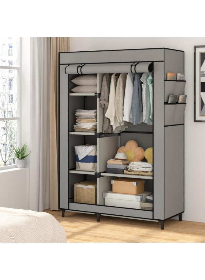 Toriseek Portable Wardrobe Clothes Storage Organizer, Fabric Wardrobe for Clothing, Wardrobe with 6 Shelves and Hanging Rod, Non-Woven Fabric Cover with 4 Side Pockets - Image 5