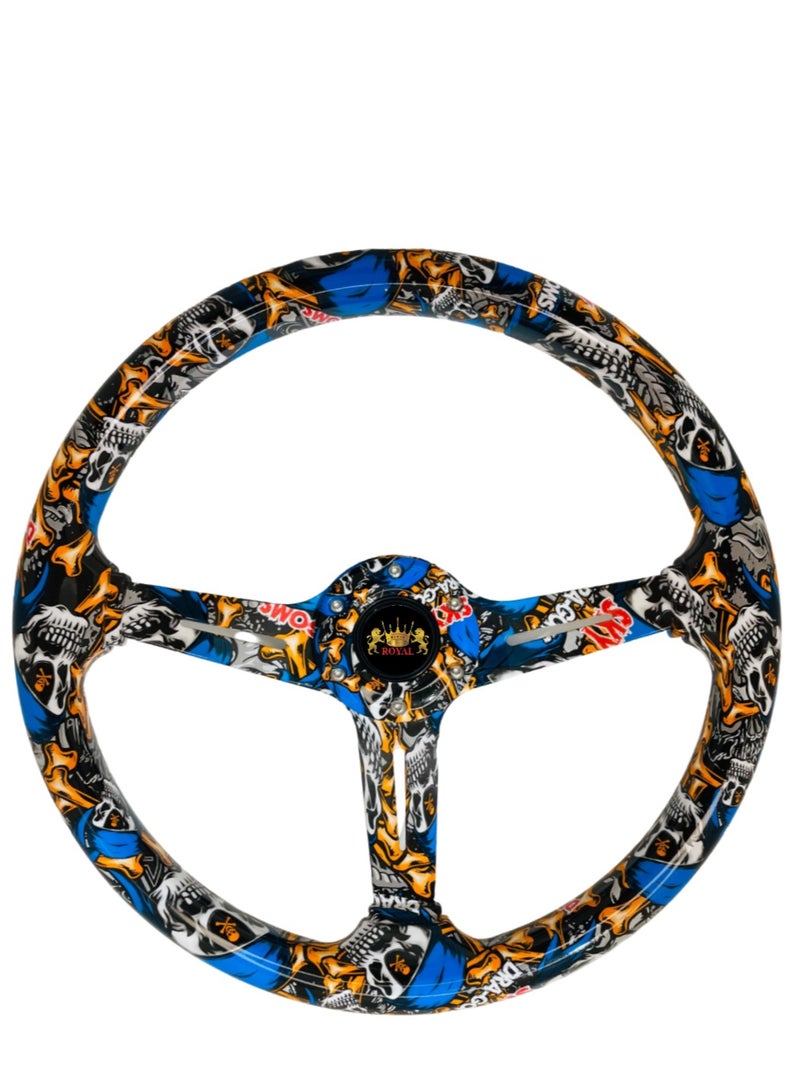 رويال ROYAL - عجلة قيادة كلاسيكية ABS Dragon Racing بأضلاع كروم جديدة 345 مم 13.5 بوصة عجلة قيادة رياضية مطبوعة متعددة الألوان مع ضبط القرن (DYT-5173) (ملونة) - Image 1