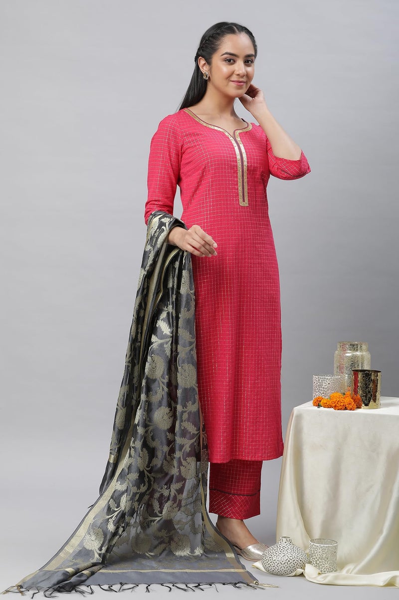 Aurelia Pink Checked Cotton Lace Kurta Dupatta Bottomwear Set - Image 2