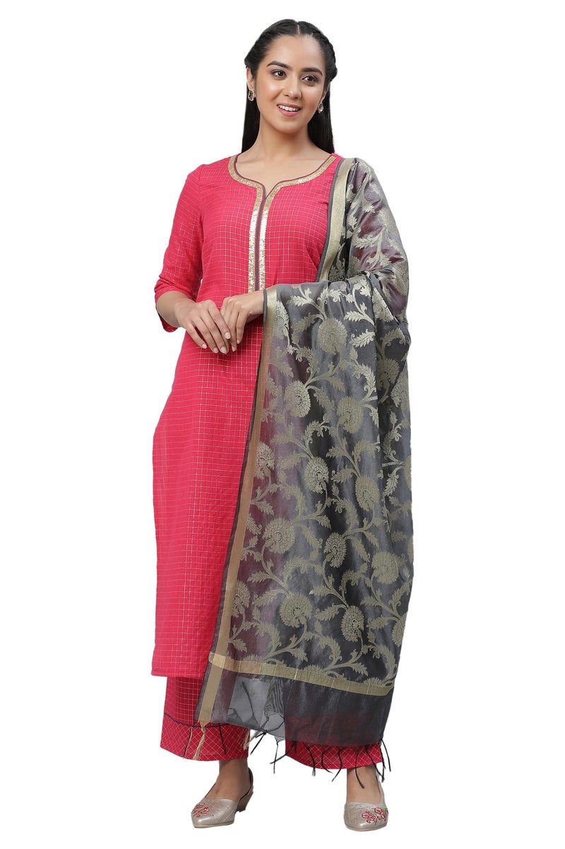 Aurelia Pink Checked Cotton Lace Kurta Dupatta Bottomwear Set - Image 1