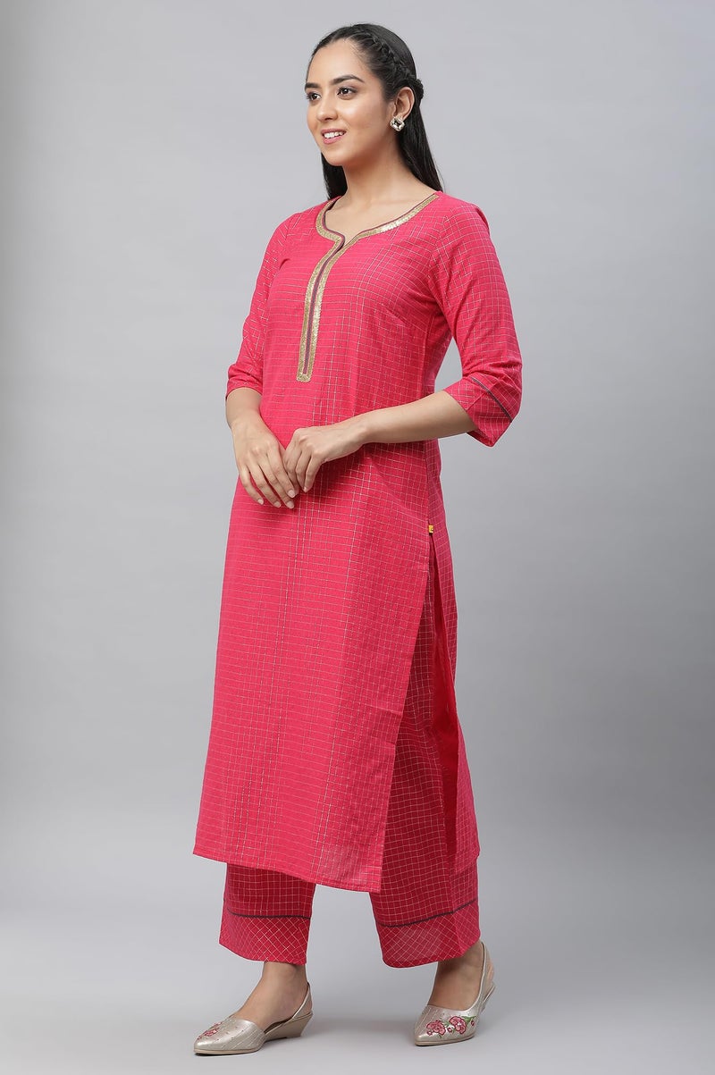 Aurelia Pink Checked Cotton Lace Kurta Dupatta Bottomwear Set - Image 3