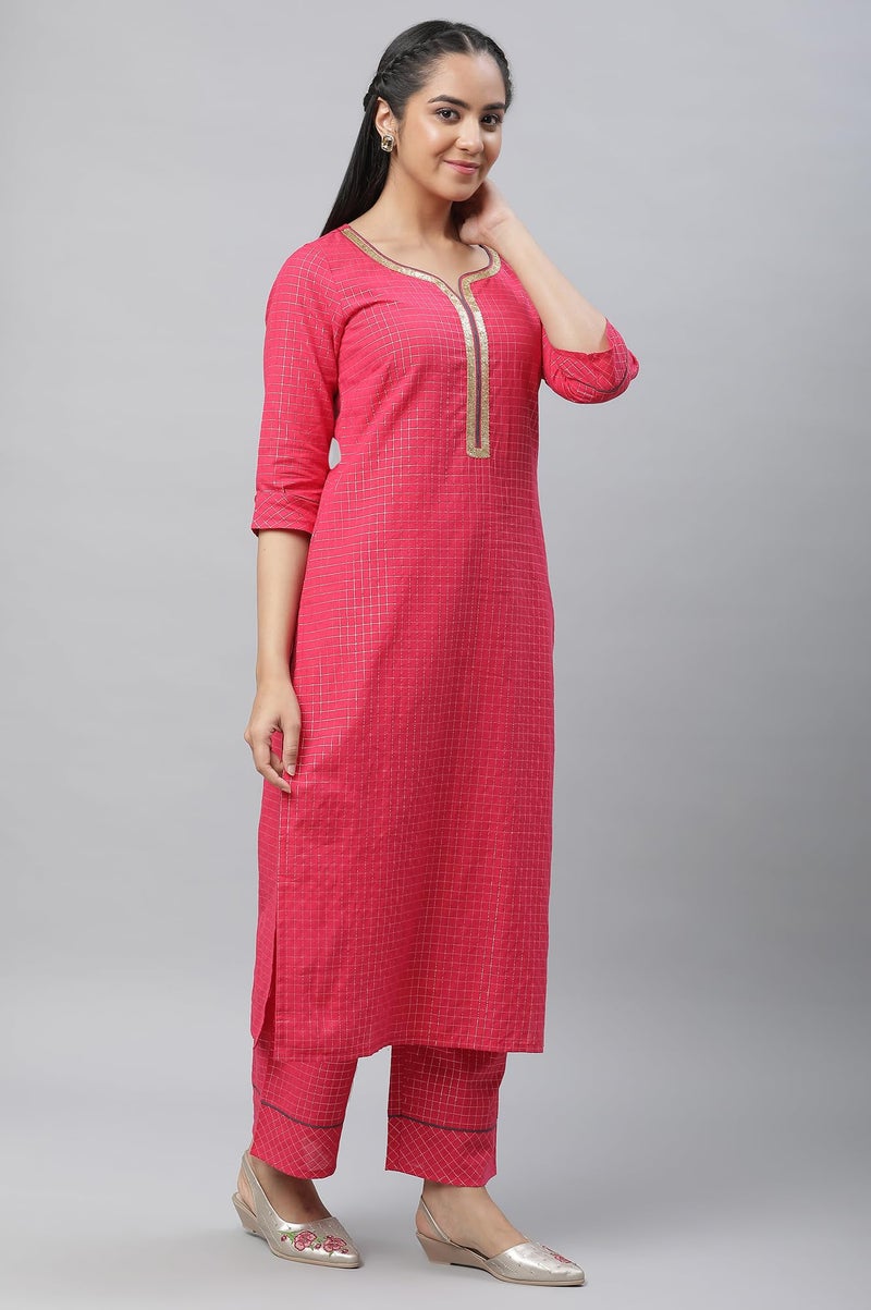 Aurelia Pink Checked Cotton Lace Kurta Dupatta Bottomwear Set - Image 5