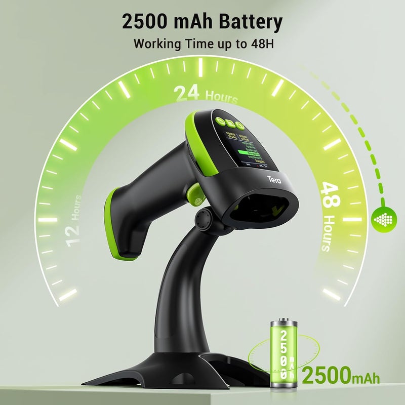 Tera Barcode Scanner Wireless 2D QR with Stand: Digital Setting Screen Keypad Pro Version Extra Fast Scanning Speed Works with Bluetooth 2.4G Wireless USB Wired Bar Code Reader HW0009-Z Green - Image 3