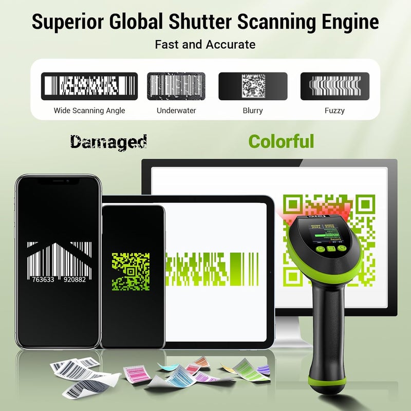 Tera Barcode Scanner Wireless 2D QR with Stand: Digital Setting Screen Keypad Pro Version Extra Fast Scanning Speed Works with Bluetooth 2.4G Wireless USB Wired Bar Code Reader HW0009-Z Green - Image 4