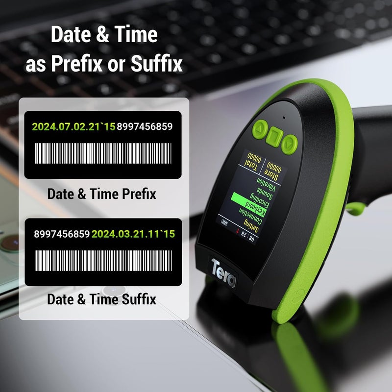 Tera Barcode Scanner Wireless 2D QR with Stand: Digital Setting Screen Keypad Pro Version Extra Fast Scanning Speed Works with Bluetooth 2.4G Wireless USB Wired Bar Code Reader HW0009-Z Green - Image 5