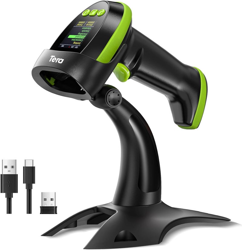 Tera Barcode Scanner Wireless 2D QR with Stand: Digital Setting Screen Keypad Pro Version Extra Fast Scanning Speed Works with Bluetooth 2.4G Wireless USB Wired Bar Code Reader HW0009-Z Green - Image 1