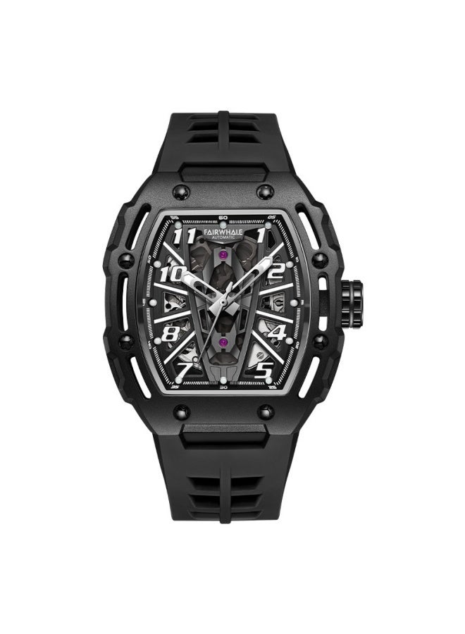 Mark Fairwhale Men's Barrel-Shaped Automatic Skeleton Watch - Water Resistant, Luminous, Black Case, Black Dial & Black Silicone Strap - Image 1