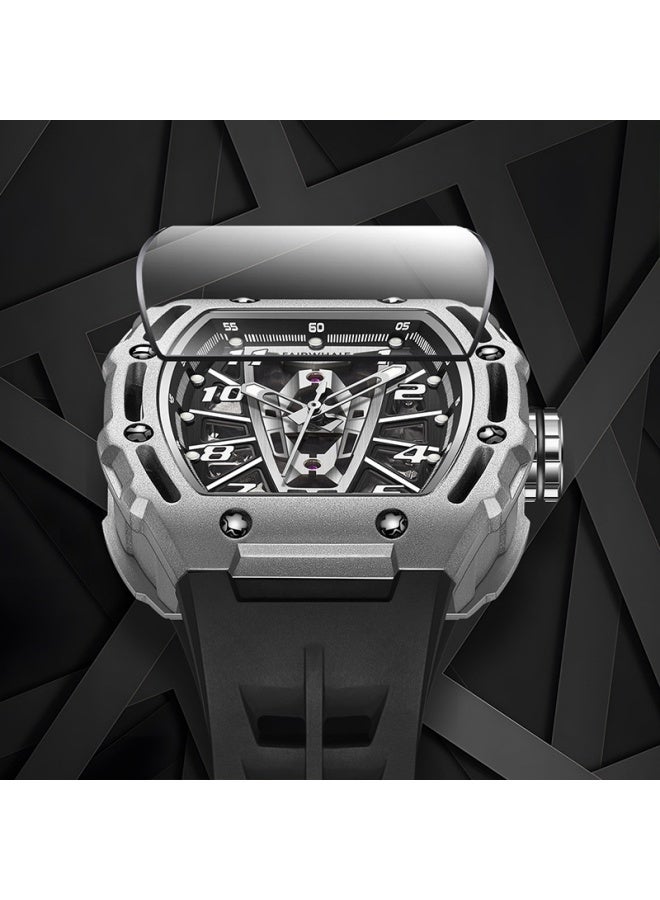 Mark Fairwhale Men's Barrel-Shaped Automatic Skeleton Watch - Water Resistant, Luminous, Black Case, Black Dial & Black Silicone Strap - Image 2