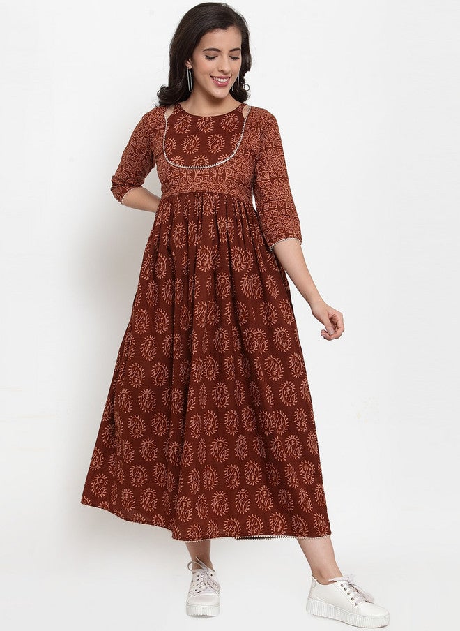 Indibelle Women Brown Printed Fit and Flare Dress - Image 1