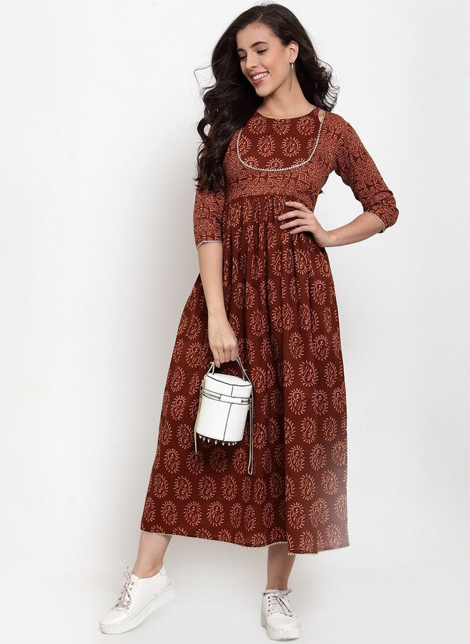 Indibelle Women Brown Printed Fit and Flare Dress - Image 5