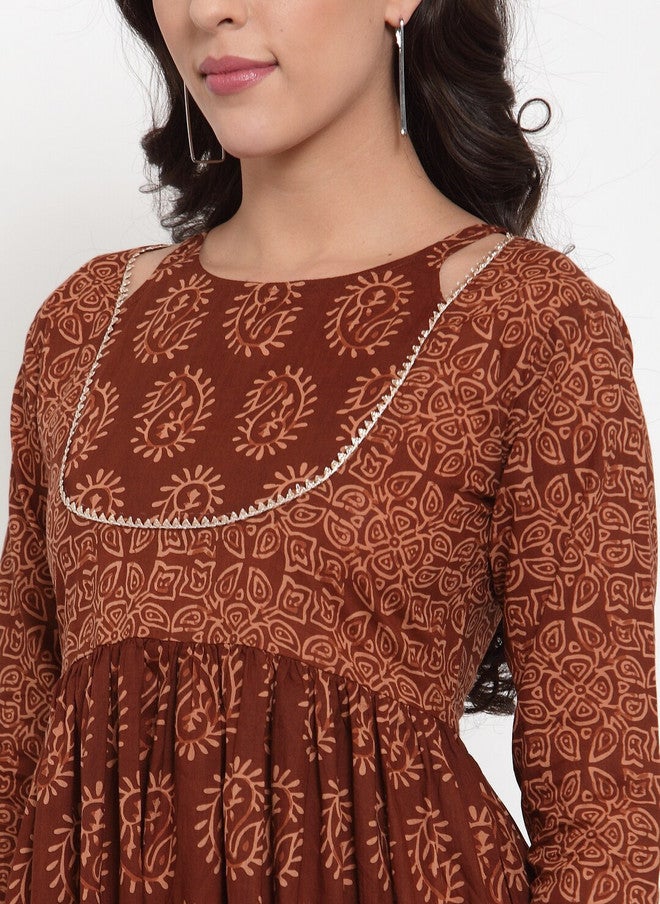 Indibelle Women Brown Printed Fit and Flare Dress - Image 2