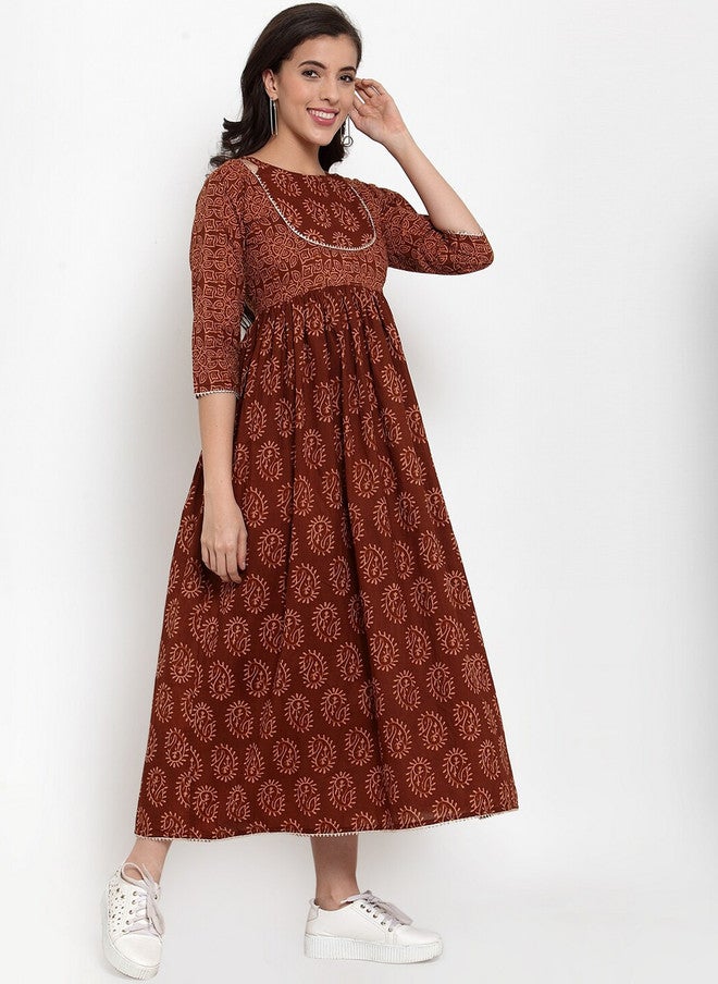 Indibelle Women Brown Printed Fit and Flare Dress - Image 3
