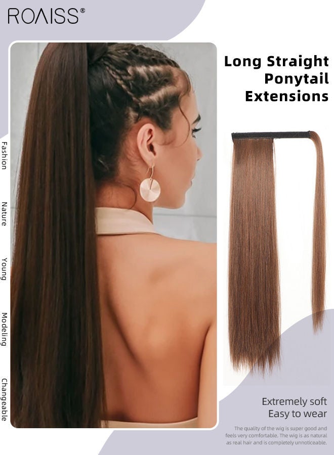 roaiss Long Straight Ponytail Extensions, Natural Ponytail Wig with Wrap Around Magic Paste, Synthetic Hairpiece for Women Girls Party Hairstyle Daily Use 60cm (24 inches) - Brown - Image 1