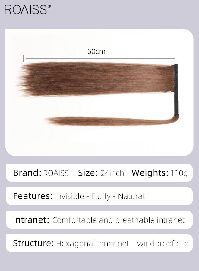 roaiss Long Straight Ponytail Extensions, Natural Ponytail Wig with Wrap Around Magic Paste, Synthetic Hairpiece for Women Girls Party Hairstyle Daily Use 60cm (24 inches) - Brown - Image 3
