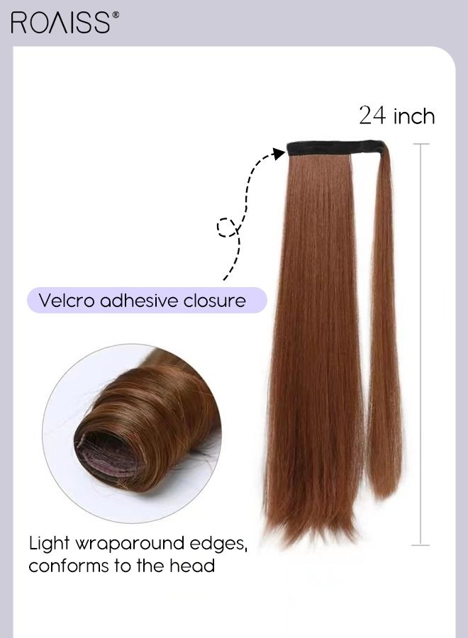 roaiss Long Straight Ponytail Extensions, Natural Ponytail Wig with Wrap Around Magic Paste, Synthetic Hairpiece for Women Girls Party Hairstyle Daily Use 60cm (24 inches) - Brown - Image 4