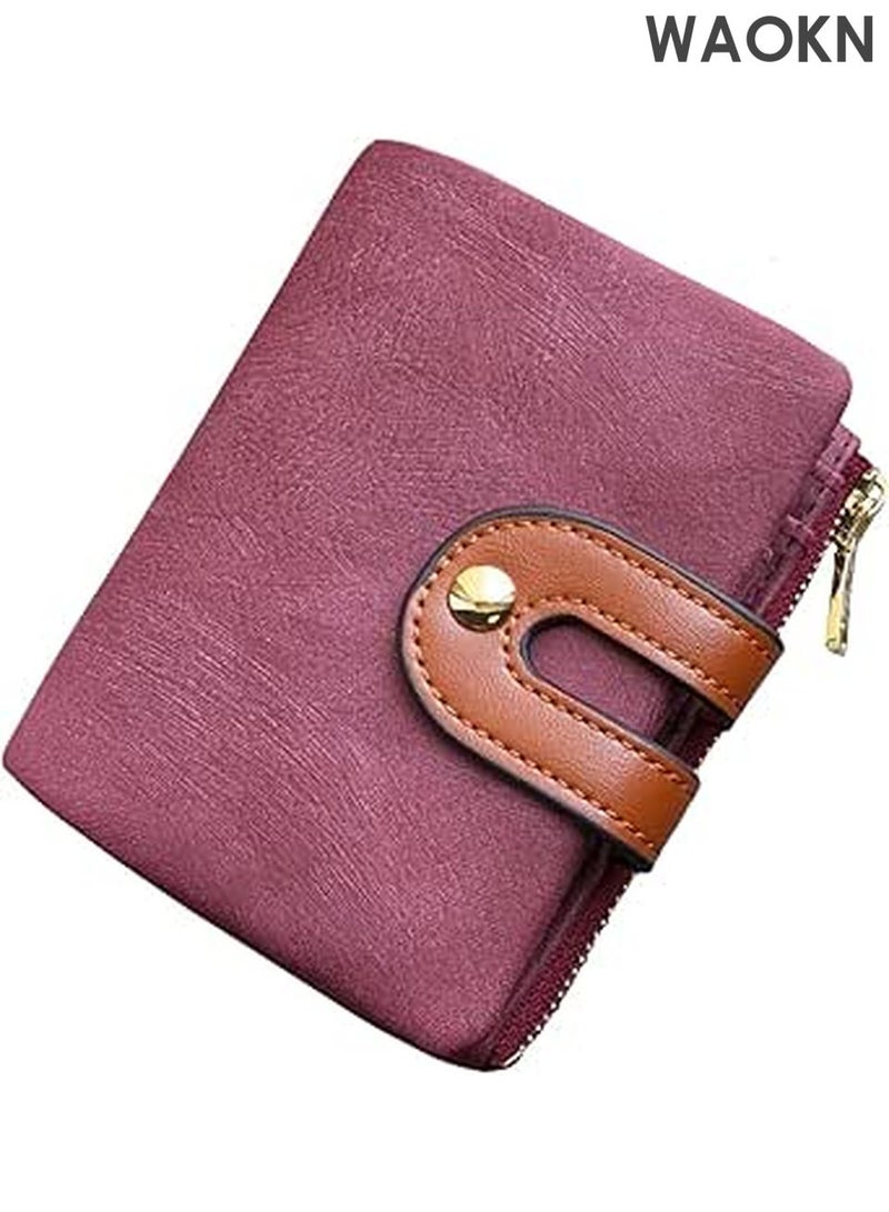 دبليو أيه أو كي أن محفظة جلدية صغيرة قابلة للطي للنساء - محفظة رفيعة مزودة بخاصية حجب RFID مع جيب للعملات المعدنية بسحاب ونافذة لبطاقة الهوية - حامل بطاقات ائتمان من الجلد الأصلي للنقود - محفظة جيب أمامي صغيرة الحجم (أرجواني أحمر) - Image 1