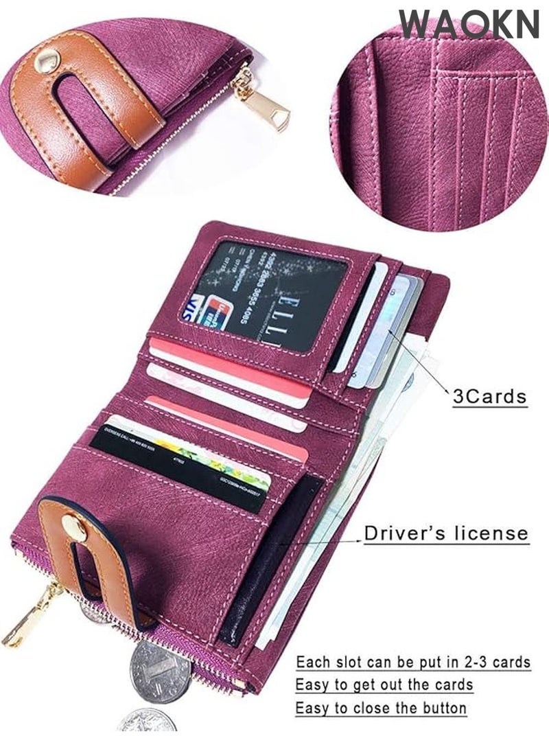 دبليو أيه أو كي أن محفظة جلدية صغيرة قابلة للطي للنساء - محفظة رفيعة مزودة بخاصية حجب RFID مع جيب للعملات المعدنية بسحاب ونافذة لبطاقة الهوية - حامل بطاقات ائتمان من الجلد الأصلي للنقود - محفظة جيب أمامي صغيرة الحجم (أرجواني أحمر) - Image 5