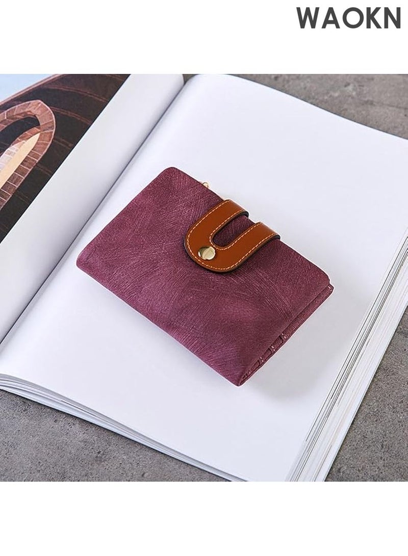 دبليو أيه أو كي أن محفظة جلدية صغيرة قابلة للطي للنساء - محفظة رفيعة مزودة بخاصية حجب RFID مع جيب للعملات المعدنية بسحاب ونافذة لبطاقة الهوية - حامل بطاقات ائتمان من الجلد الأصلي للنقود - محفظة جيب أمامي صغيرة الحجم (أرجواني أحمر) - Image 2