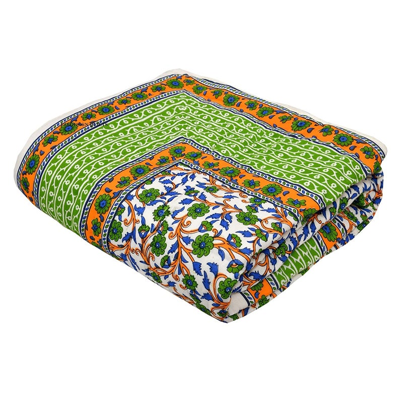 SIBLEY India Jaipuri Light Weight Pure Cotton Traditional Rajasthani Print Green Colour Single Bed Quilt/Razai/Rajai, Reversible, Size - 55 x 85 inch, Pack of 1 - Image 1