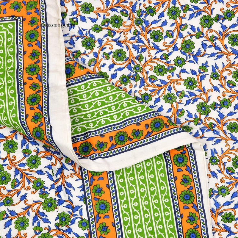 SIBLEY India Jaipuri Light Weight Pure Cotton Traditional Rajasthani Print Green Colour Single Bed Quilt/Razai/Rajai, Reversible, Size - 55 x 85 inch, Pack of 1 - Image 3