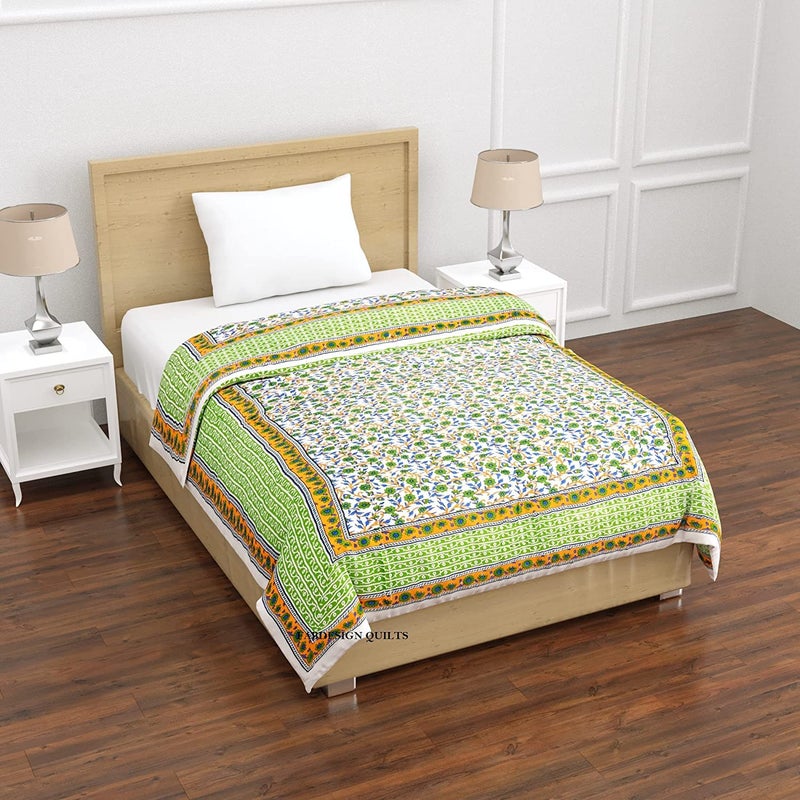 SIBLEY India Jaipuri Light Weight Pure Cotton Traditional Rajasthani Print Green Colour Single Bed Quilt/Razai/Rajai, Reversible, Size - 55 x 85 inch, Pack of 1 - Image 5