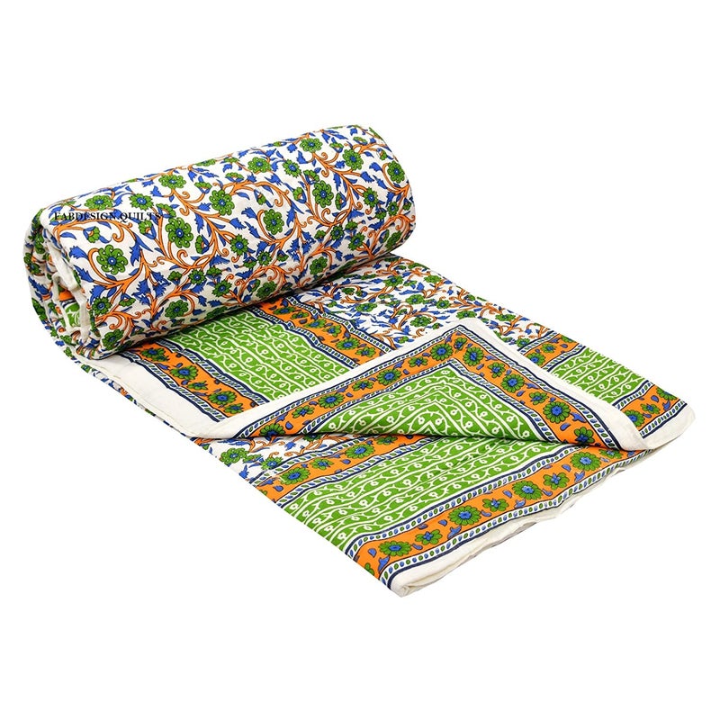 SIBLEY India Jaipuri Light Weight Pure Cotton Traditional Rajasthani Print Green Colour Single Bed Quilt/Razai/Rajai, Reversible, Size - 55 x 85 inch, Pack of 1 - Image 2
