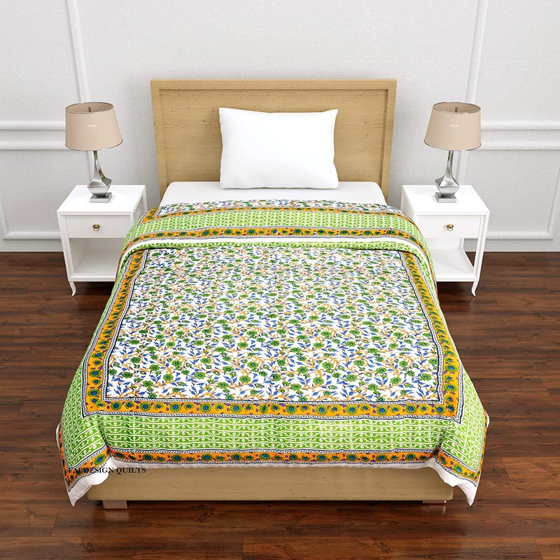 SIBLEY India Jaipuri Light Weight Pure Cotton Traditional Rajasthani Print Green Colour Single Bed Quilt/Razai/Rajai, Reversible, Size - 55 x 85 inch, Pack of 1 - Image 4