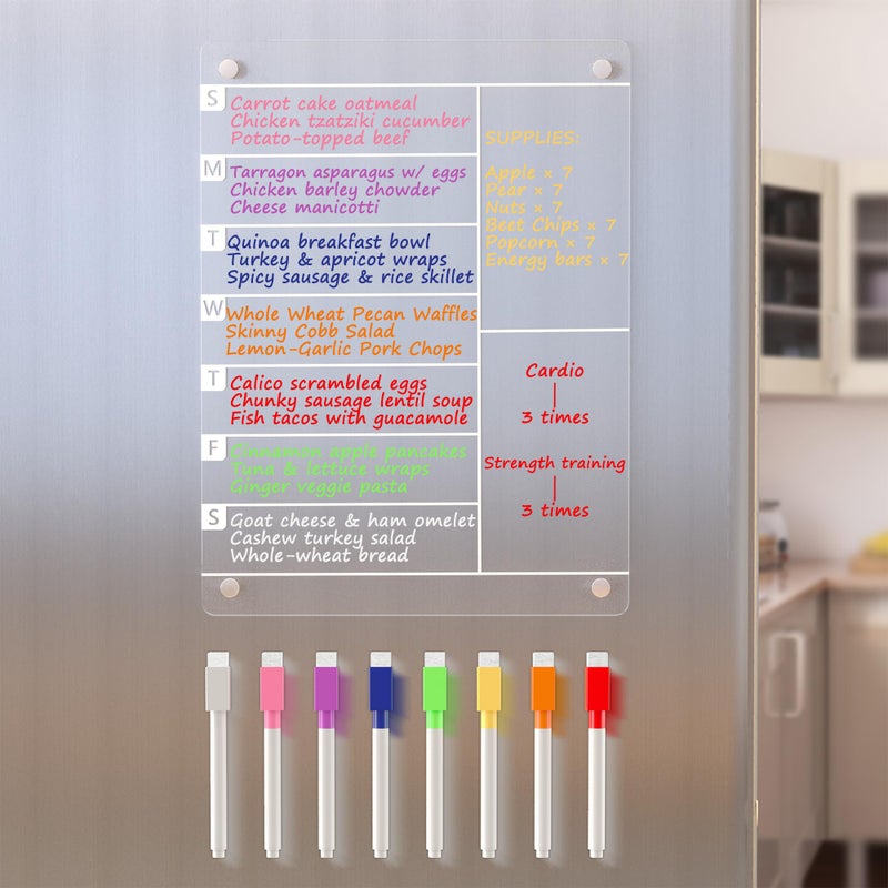 Neatsure Acrylic Magnetic Meal Planner Menu Board for Kitchen Fridge w/ 8 Markers, Clear Refrigerator Weekly Dry Erase Calendar Planning Noteboard to Do/Grocery/Shopping List/Chore Chart/, 12"x9" - Image 1