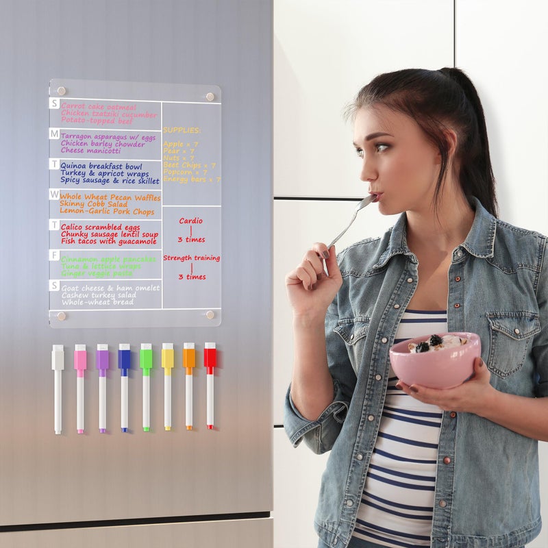 Neatsure Acrylic Magnetic Meal Planner Menu Board for Kitchen Fridge w/ 8 Markers, Clear Refrigerator Weekly Dry Erase Calendar Planning Noteboard to Do/Grocery/Shopping List/Chore Chart/, 12"x9" - Image 2