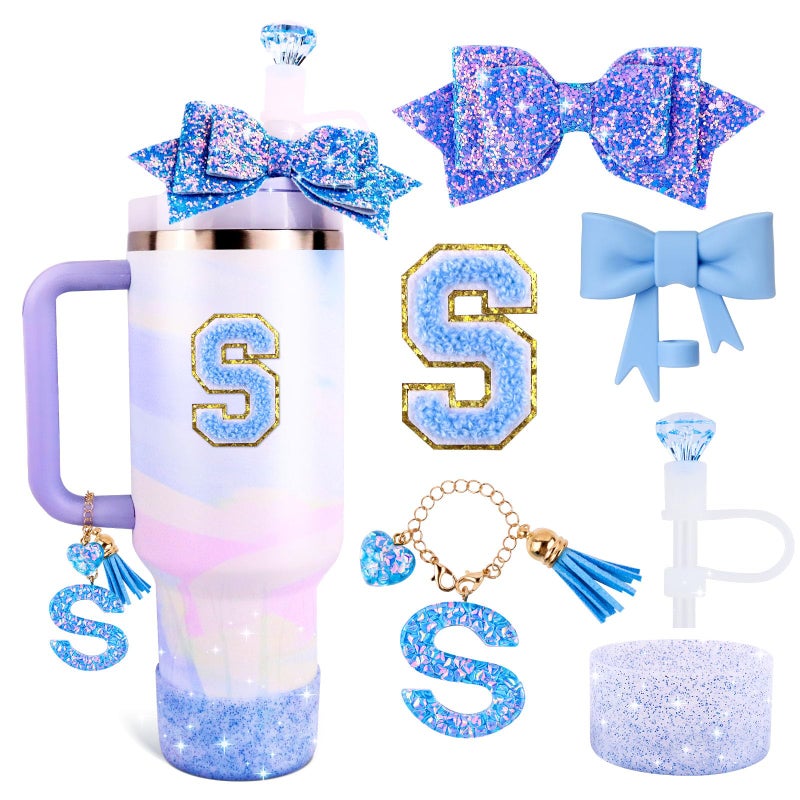 Blue Cup Accessories Set for Stanley 30OZ 40OZ Tumbler with Handle Letter Charms Bow Diamond Straw Covers Glitter Silicone Boot Personalized Sticker for Stanley Cup Accessories S