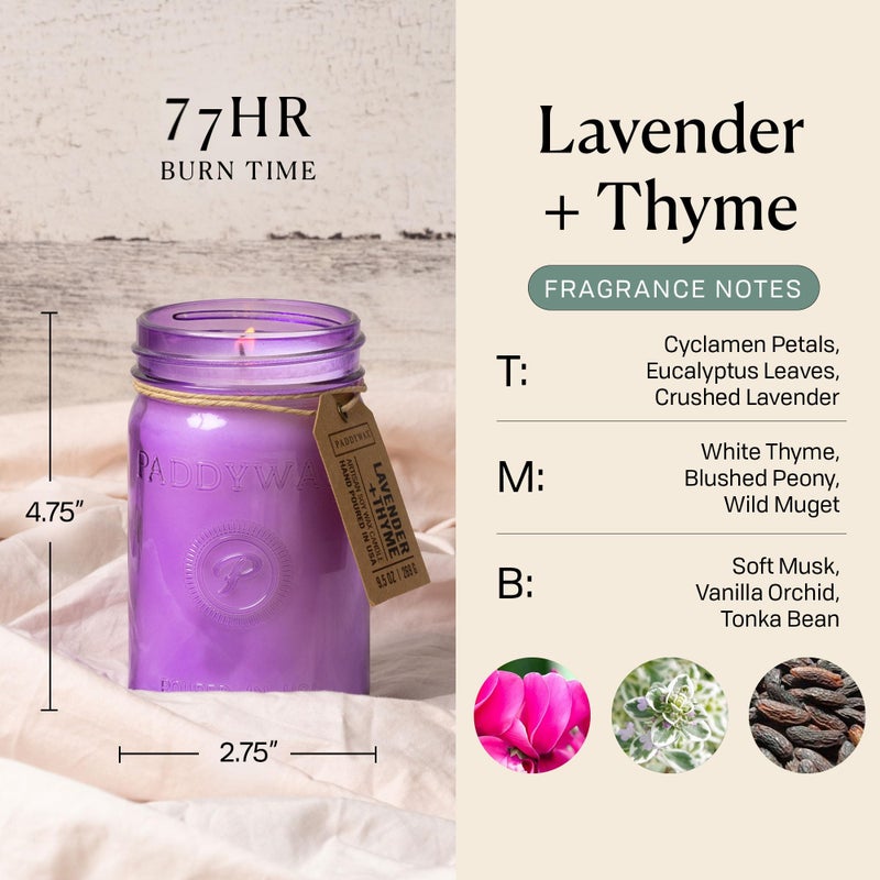 Paddywax شموع باتيواكس المعطرة مجموعة رليش شمعة مصنوعة من شمع الصويا في جرة زجاجية مع غطاء، 9.5 أونصة، لافندر + زعتر - Image 3