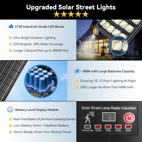 CNOIJUTS Solar Street Lights Outdoor Waterproof, 20000LM 6500K Motion Sensor LED Flood Lights, Dusk to Dawn Solar Lights with Remote, Solar-Powered Parking Lot Light, Commercial Area Lighting for Outside 2Pack - Image 3