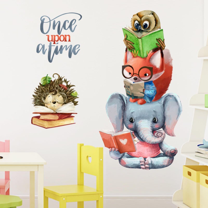 Mfault Once Upon a Time Reading Animals Wall Decals Stickers Motivational Fox Elephant Owl Hedgehog Reading Books Nursery Decoration Classroom Bedroom Art Kids Toddlers Study Room Library Decor