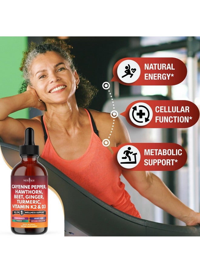 New Age Cayenne Pepper Supplement Liquid Drops + Hawthorn Berry, Vitamin D3 K2 Beet Root Powder, Ceylon Cinnamon, Turmeric Curcumin, Organic Panax Ginseng - 6oz - Image 2