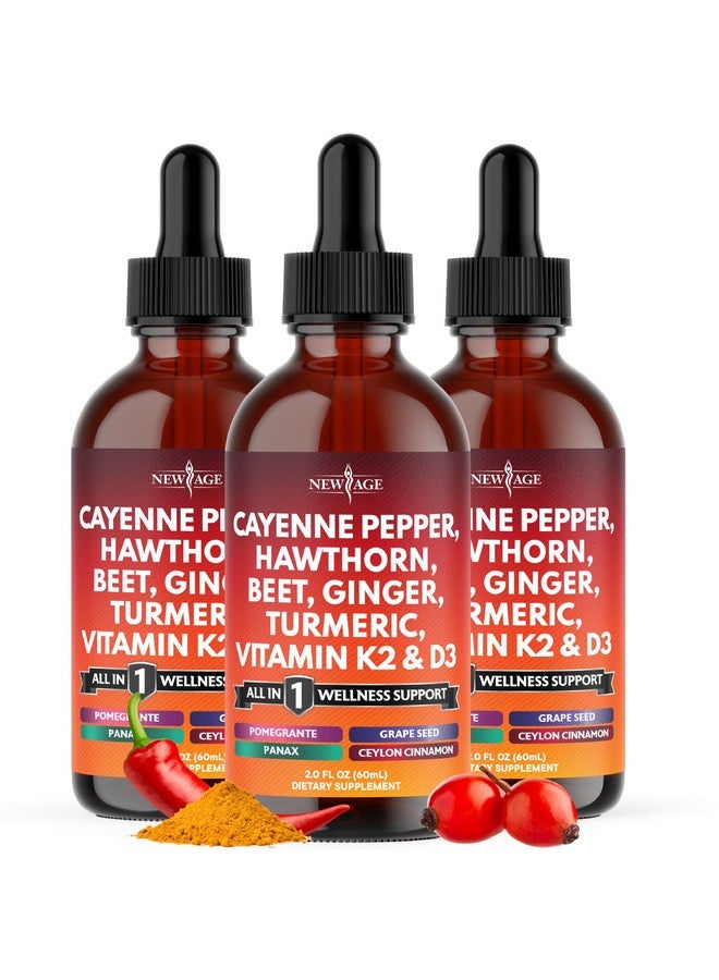 New Age Cayenne Pepper Supplement Liquid Drops + Hawthorn Berry, Vitamin D3 K2 Beet Root Powder, Ceylon Cinnamon, Turmeric Curcumin, Organic Panax Ginseng - 6oz - Image 1