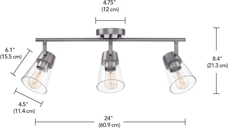 Globe Electric 64000045 24" 3-Light Track Lighting, Pewter, Clear Glass Shades, Ceiling Light, Pivot Shade, 3 Bulb, Kitchen Lights, E26 Socket - Image 2