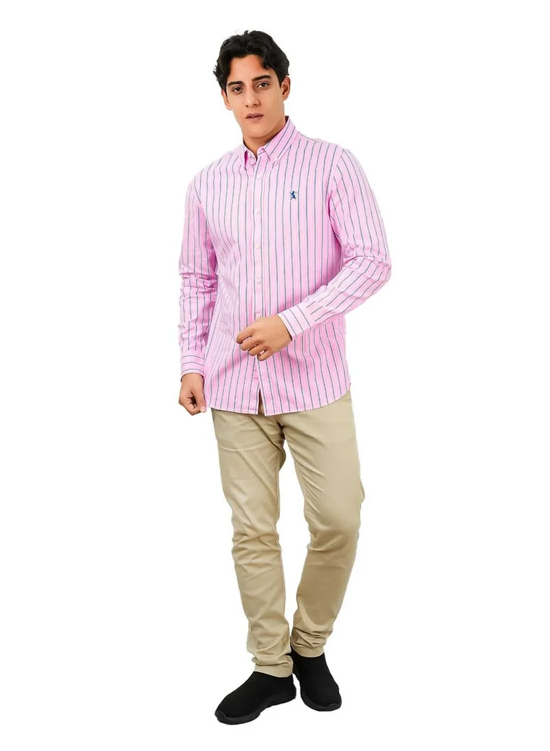 GIORDANO Men's Cotton Oxford Shirt - Small Lion Embroidery, Slim Fit, Full Button