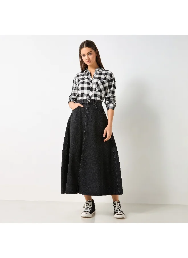 Lee Cooper Lee Cooper Solid A-line Denim Midi Skirt with Pockets