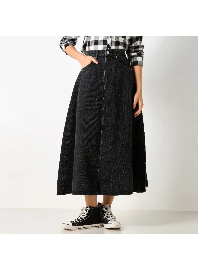 Lee Cooper Lee Cooper Solid A-line Denim Midi Skirt with Pockets