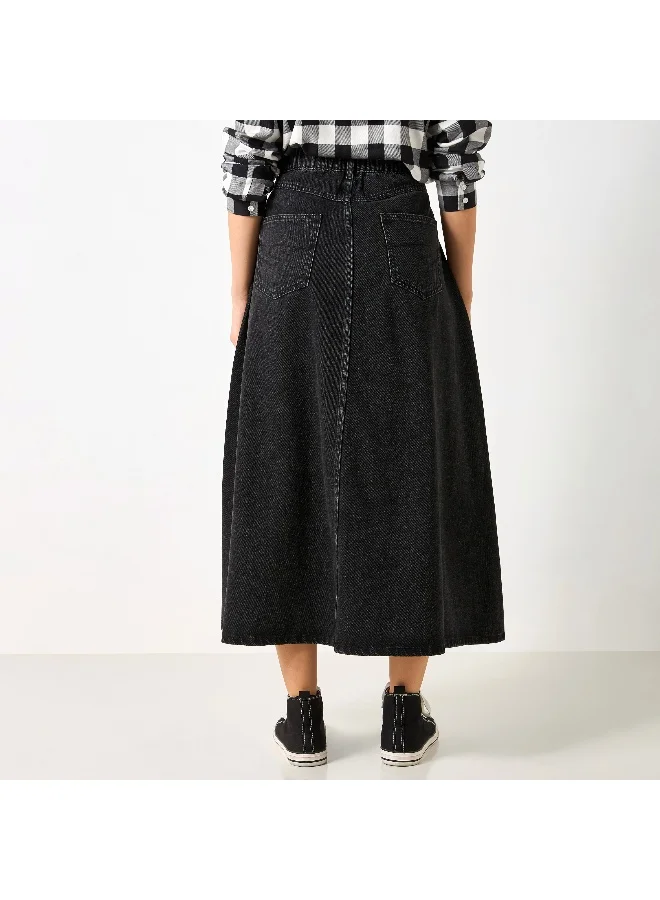 Lee Cooper Lee Cooper Solid A-line Denim Midi Skirt with Pockets