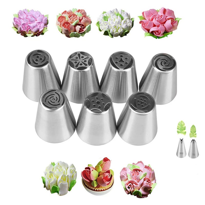 Russian Piping Tips Set with 7 Flower Icing Tips 2 Leaf Pastry Tips Nozzles for Frosting Cookie Cupcake Cake Decorating
