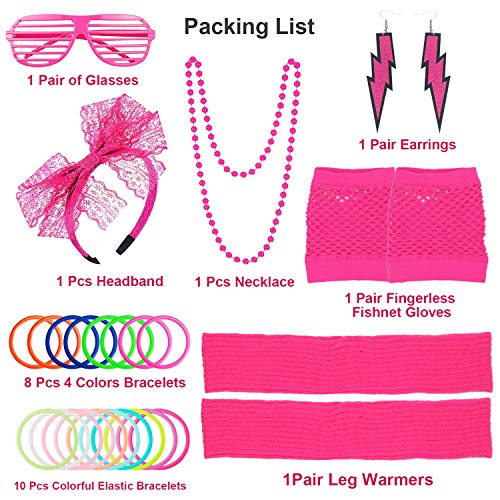 ztweden 80s Women's Costume Outfit Accessories Set Headband Earrings Fishnet Gloves Necklace Bracelet Leg Warmers Pink - Image 2