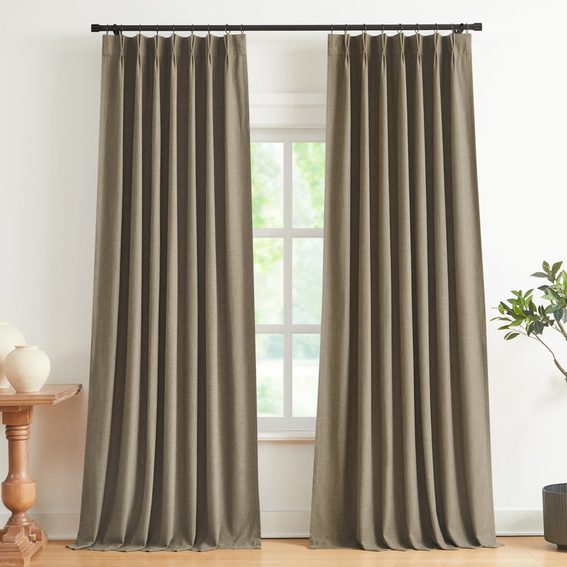 Vision Home Brown Pinch Pleated Full Blackout Curtains Linen Blended Room Darkening Window Curtains 84 inch for Living Room Bedroom Thermal Insulated Pinch Pleat Drapes with Hooks 2 Panel 40" Wx84 L - Image 1