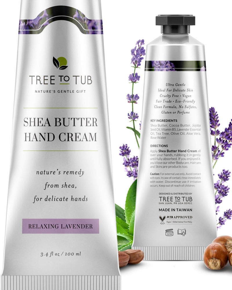 Tree to Tub كريم يد شيا من تري تو تاب لليدين الجافة والمتشققة - لوشن مرطب للبشرة الحساسة للنساء والرجال، مرطب يد نباتي غير دهني مع كاكاو عضوي، صبار، لافندر طبيعي بالكامل - Image 1