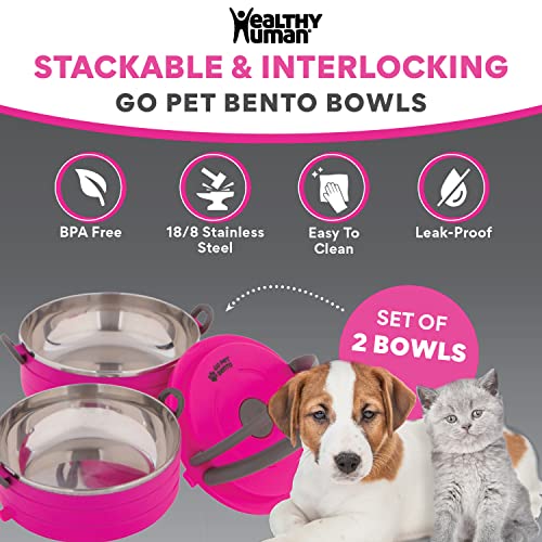 Healthy Human Travel Pet Bento Bowls - Human-Grade Stainless Steel & BPA-Free, Leak-Proof Water & Food Container Set for Dogs & Cats, 2-Pack Interlocking Bowls, Includes Spare Clips & Handle (Pink) - Image 4