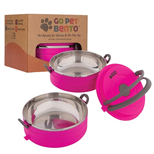 Healthy Human Travel Pet Bento Bowls - Human-Grade Stainless Steel & BPA-Free, Leak-Proof Water & Food Container Set for Dogs & Cats, 2-Pack Interlocking Bowls, Includes Spare Clips & Handle (Pink) - Image 1