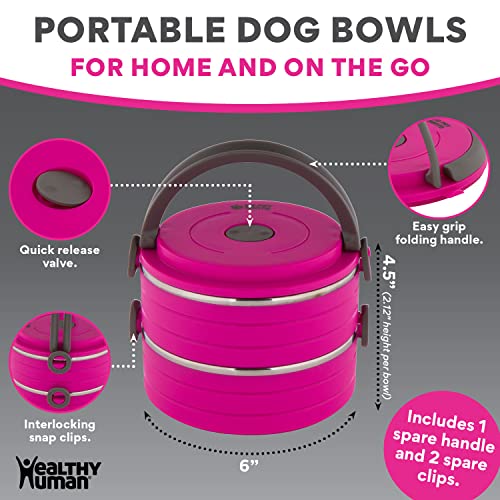 Healthy Human Travel Pet Bento Bowls - Human-Grade Stainless Steel & BPA-Free, Leak-Proof Water & Food Container Set for Dogs & Cats, 2-Pack Interlocking Bowls, Includes Spare Clips & Handle (Pink) - Image 5